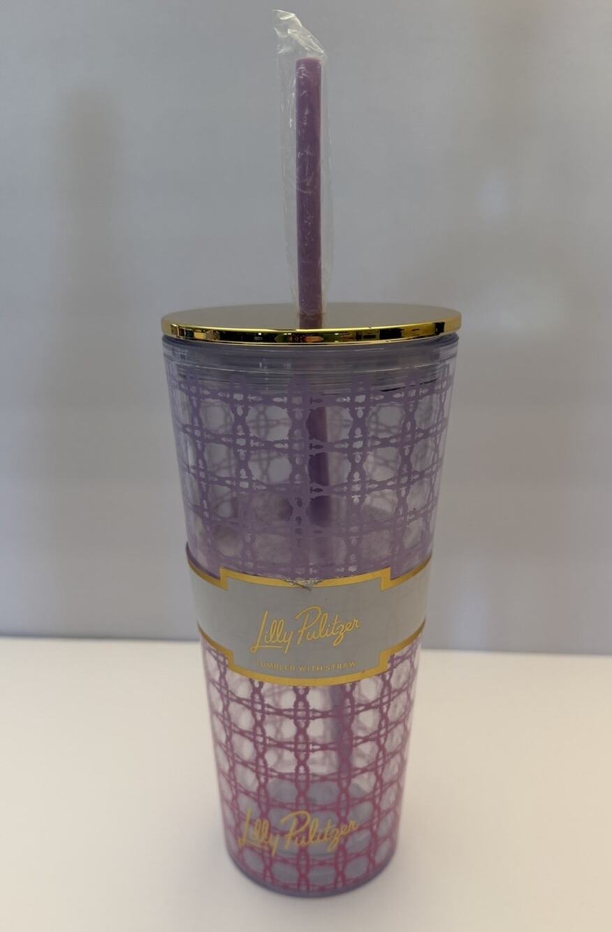 NEW!Lilly Pulitzer 24oz Pink Tumbler with Straw “Ombre Caning” Gold Metallic Lid